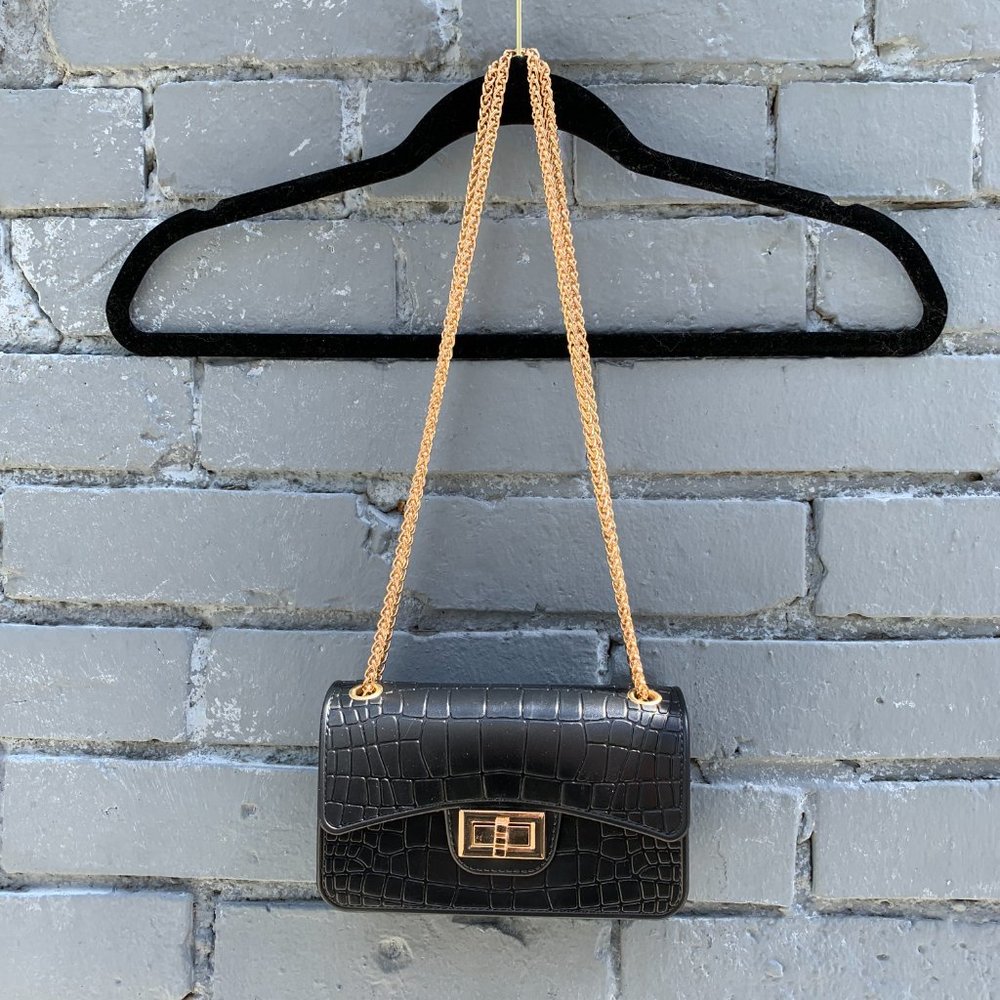 Faux Leather Black Purse Gold Detail Modern Date Night Glam Wedding Evening Bag